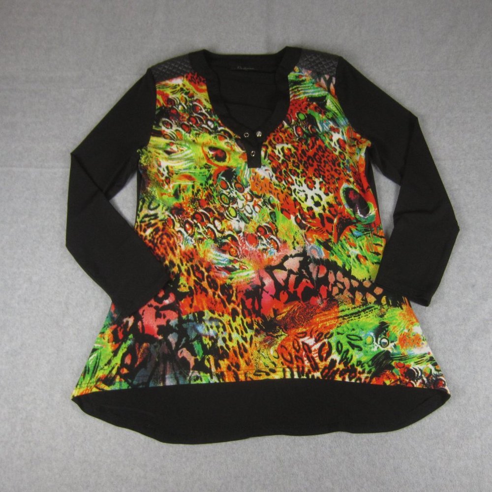 Calessa Top Women’s M Top Black Colorful Tunic Quilted faux leather Blouse